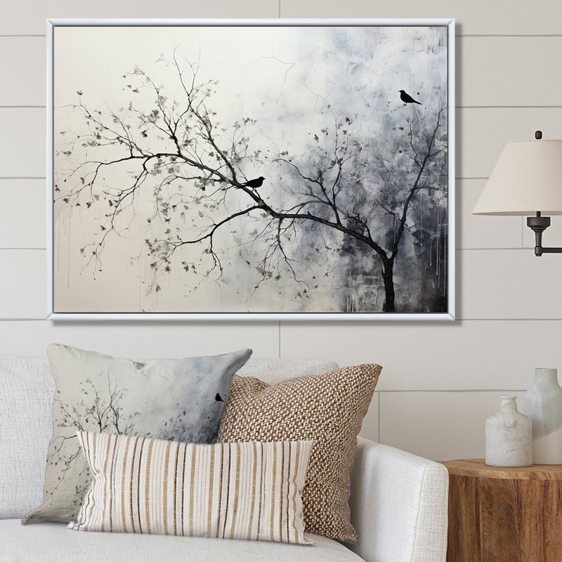 Minimalisme, oiseaux monochromes sur branche II - arbres, impressions sur toile, Cadre flottant blanc, 24" H x 32" W