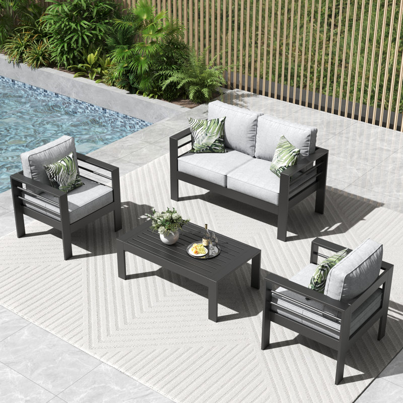 Alturas Standalone Product 4 Piece Sofa Seating Group With Cushions, Light Grey/Black