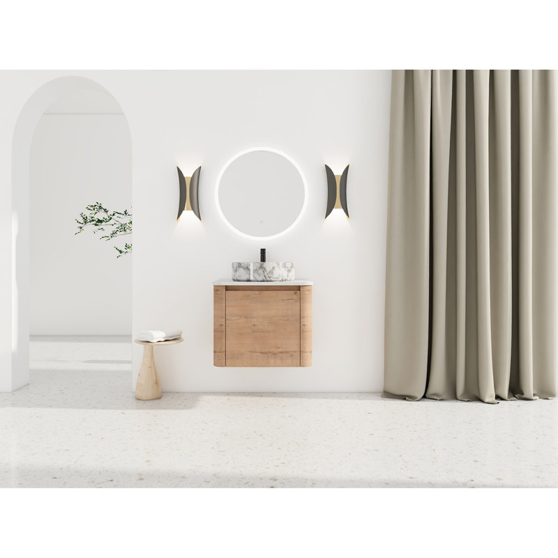 Meuble-lavabo mural de 24 po pour la salle de bain, avec lavabo d'art en céramique, porte à fermeture en douceur, base en contreplaqué rembourré Kd, rebords arrondis, dalle de pierre blanche, salle de bain de construction de 24 po