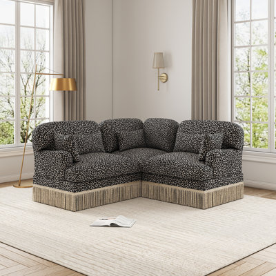 Leopard-Print Chenille L-Shaped Sectional Sofa with Pillows and Tassel Skirt
