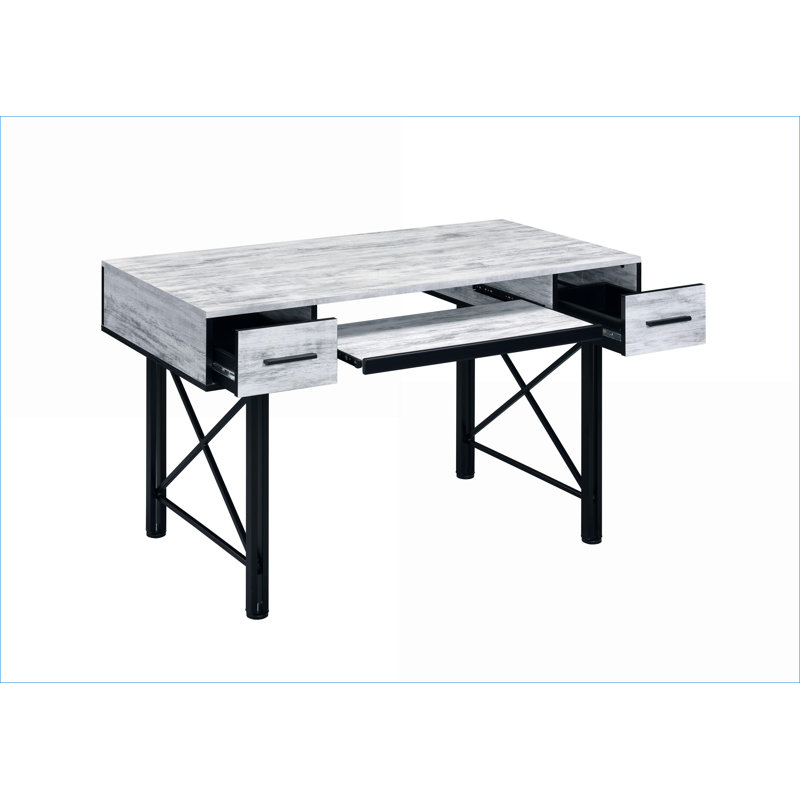Bureaux avec 2 tiroirs de rangement Plateau à clavier, blanc antique Finition noire | Blanc antique | Métal, bois synthétique
