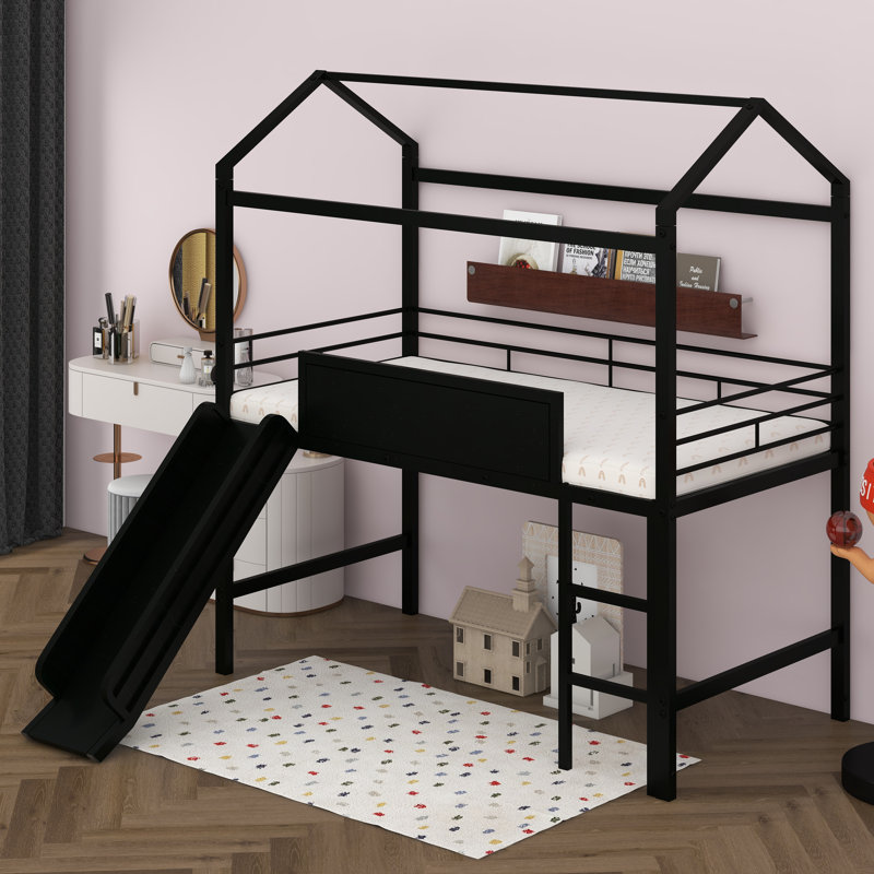 Twin Size Metal Loft Bed With Slide And Two-Sided Writable Wooden Board, Metal House Bed With Guardrail And Ladder, Black