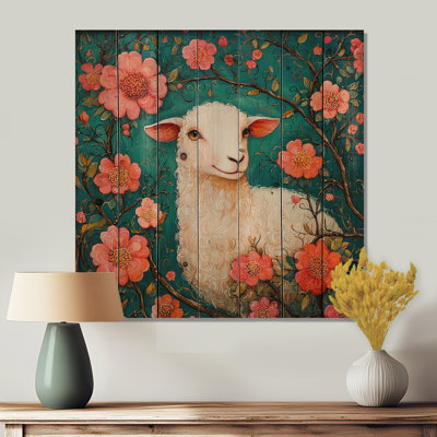 Cute Sheep In Bloom - Sheep Wood Wall Art - On Natural Pine Wood