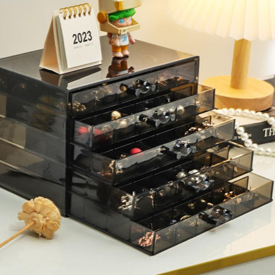 Earring Storage Box Organizer, Acrylic Jewellery Storage Box Holder 5 Drawers Transparent Jewellery Display Stand with 120 Small Compartments Gift Boxes (Clear Black)