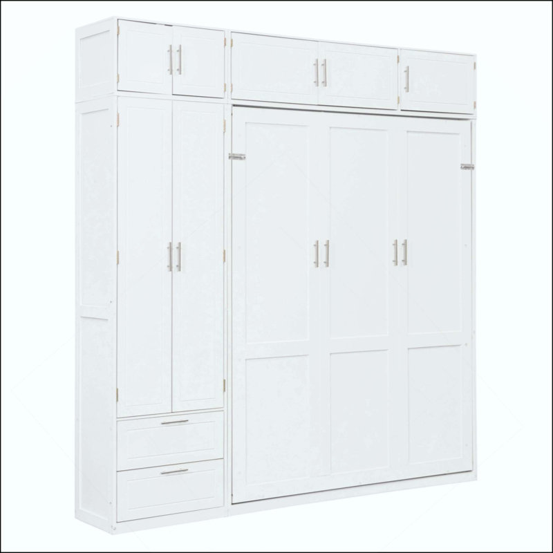 Lit escamotable mural avec armoire supérieure, tablettes et garde-robe, lit pliable peu encombrant, White