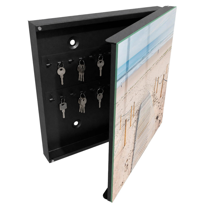 Decorative key box for wall, Opens to the left, 30x30x5, Black, Wooden path on the beach in the morning, 
