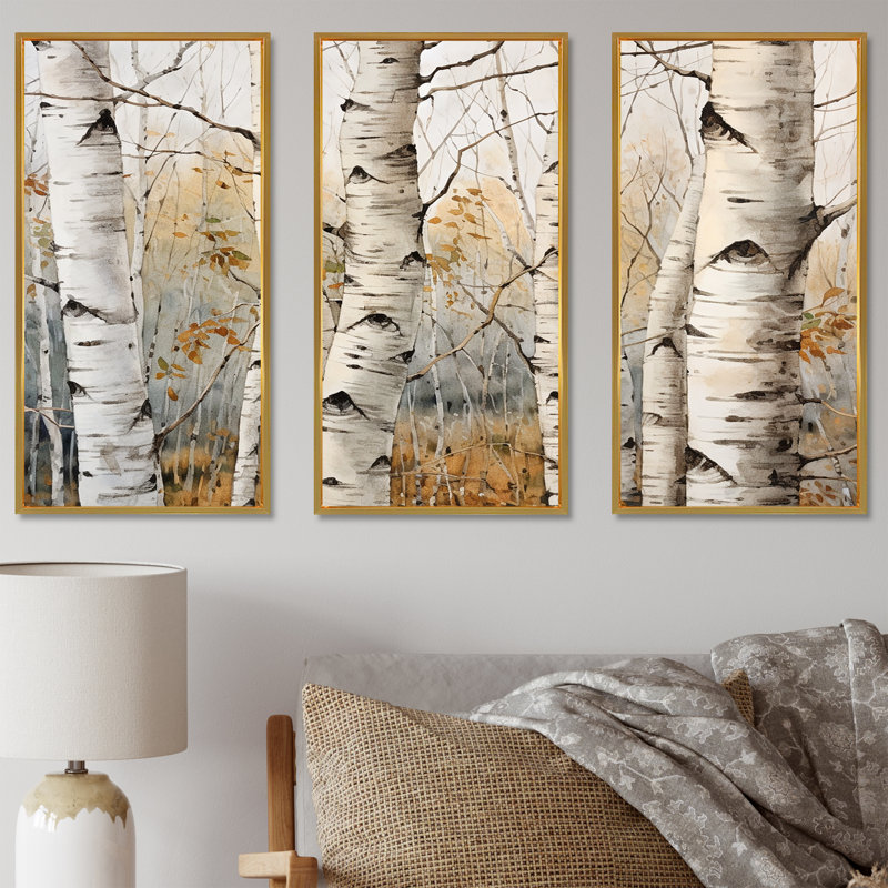 «Beige Silver Birch Tree Beauty III», ensemble de reproductions d'art mural, Cadre flottant doré, H 28 po x l 36 po