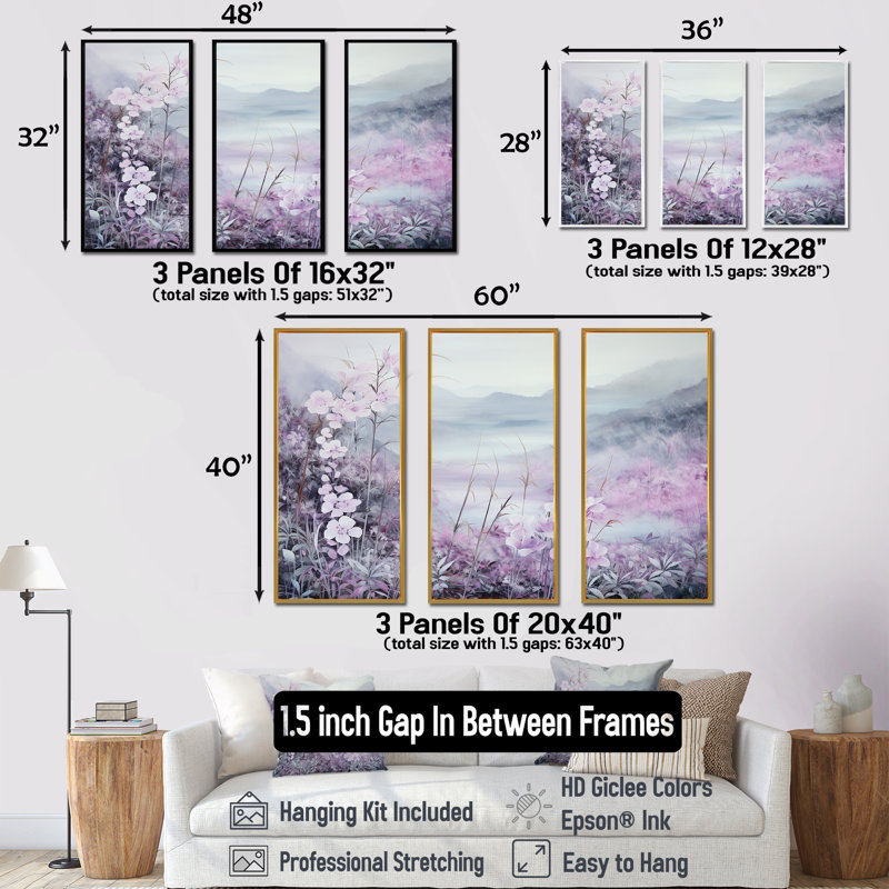 Japon, bambou par la montagne II, ensemble d'art mural sur toile fleurs, Cadre flottant blanc, H 40 po x l 60 po x P 1 po