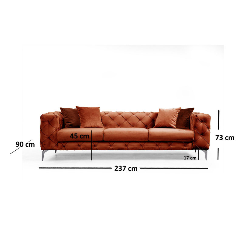 Stylish 3-Seat Sofa, Orange | Beech Wood & Chipboard Frame, 90.2 x 28.7 x 35.4 inches | 100% Polyester Fabric, Dry-Cleanable | Includes 4 Pillows, Chrome Metal Legs, Modern Design for Living Room & Hotel Use