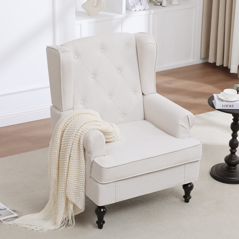 Upholsterd Wingback Armchair, Beige Linen Blend