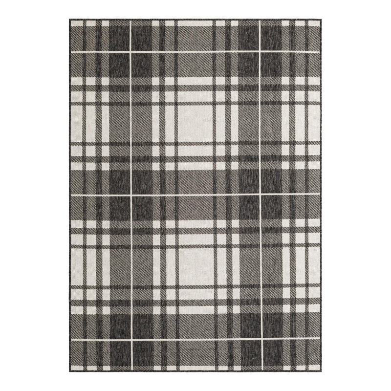 Tatasha Plaid Power Loom Polypropylene Plastic Indoor/Outdoor Area Rug in Black/White, Rectangle 5'1" x 7'1"