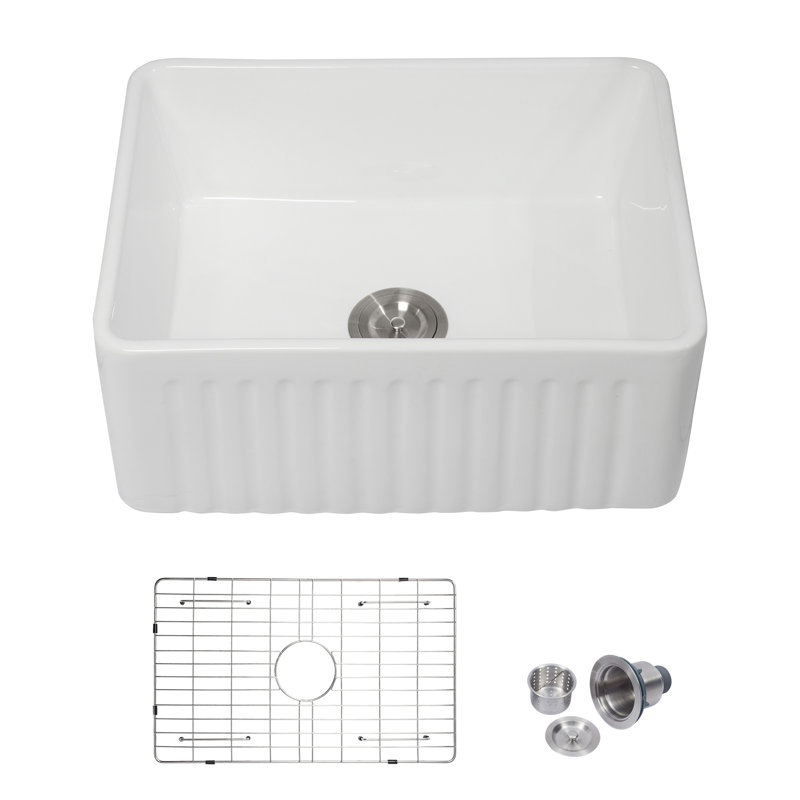 24" L x 18" W Ceramic Farmhouse Kitchen Sink Single Bowl Kitchen Sink with Sink Grid and Basket Strainer