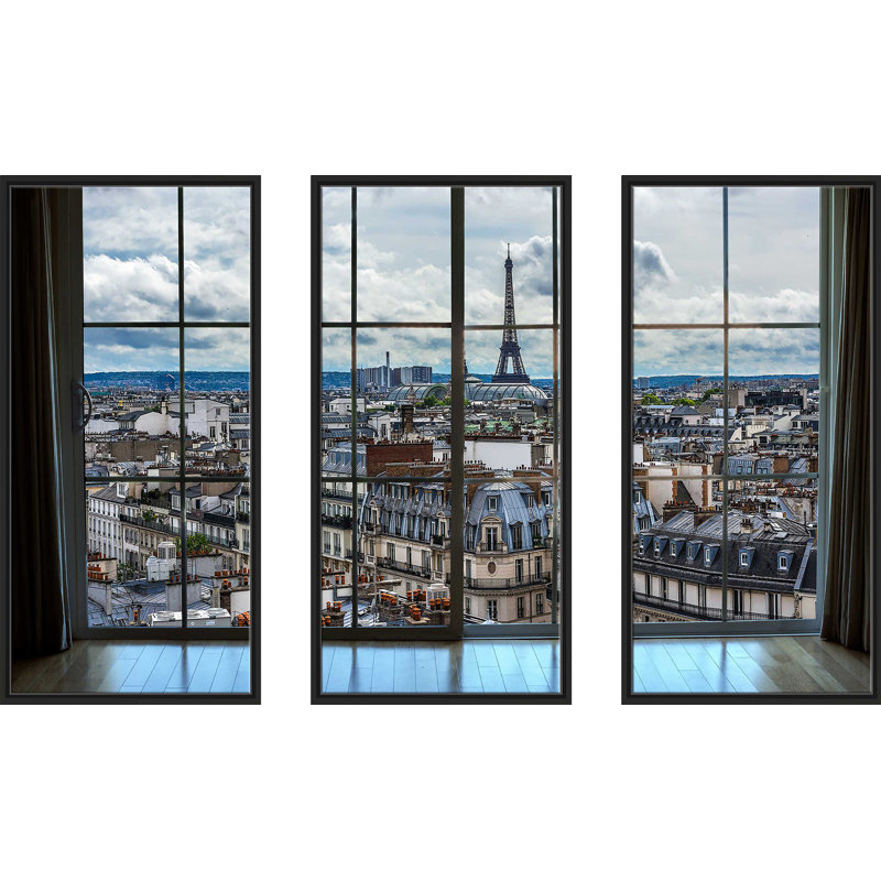 Ensemble de 3 reproductions d’art sur toile sur cadre flottant « Paris Rooffaces 8 window », H 33,5 po x l 52,5 po x P 2 po