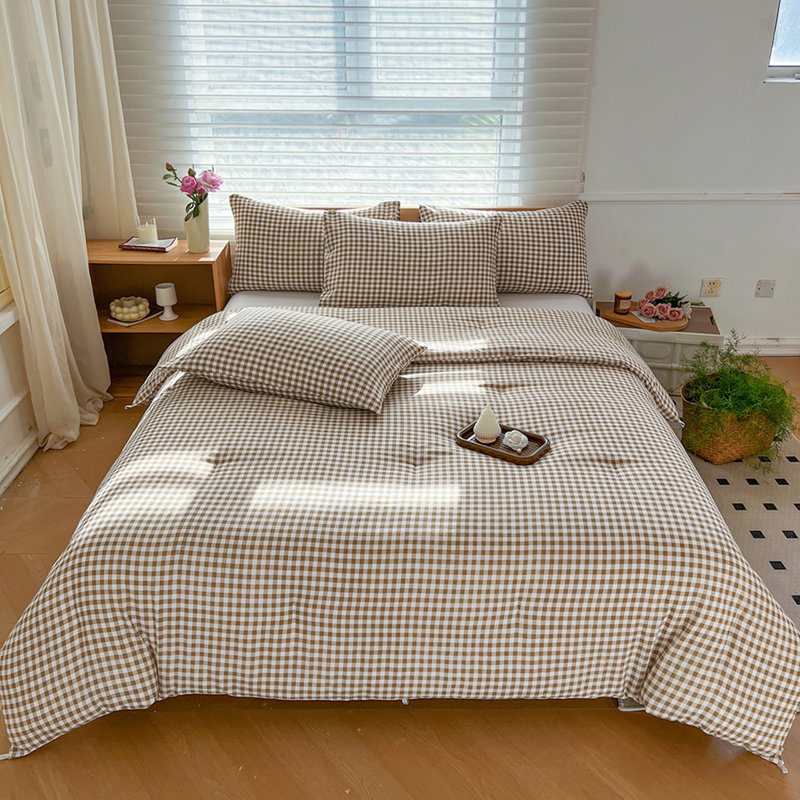 Gingham Comforter Set, Pre-Washed Microfiber Ultra-Soft Plaid  Grid Comforter Set, Tan Plaid Gingham