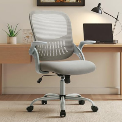 Fauteuil de direction de bureau à domicile, fauteuil ergonomique pivotant à dossier moyen en filet avec accoudoirs rabattables, soutien lombaire confortable, accoudoirs confortables pour chambre à coucher, bureau, étudiant
