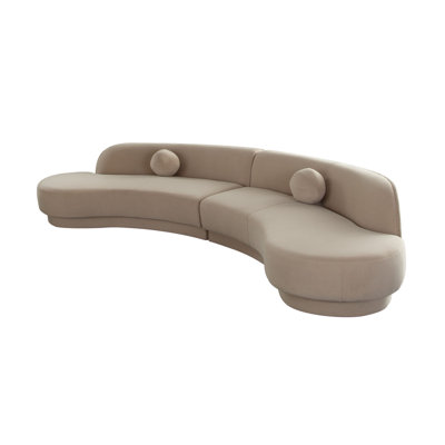 Zema 2 Piece Sofa, Curved Modular Design, Camel Brown Fabric, 2 Ball Pillows