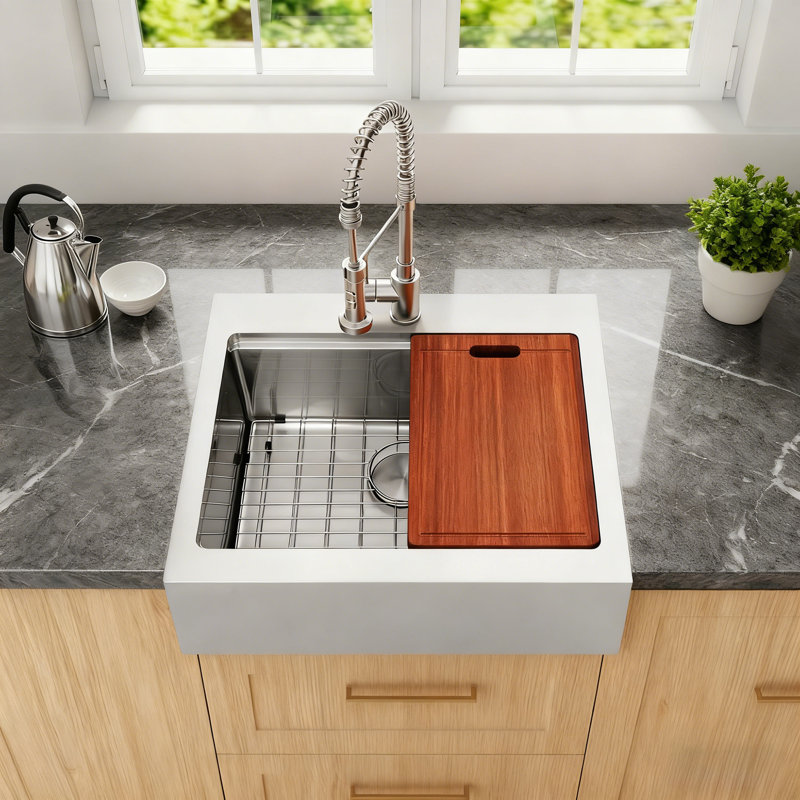  26" L x 22" W Workstation Farmhouse Apron Front Kitchen Sink 16 Gauge Stainless Steel Single Bowl With Accessories