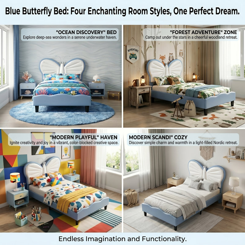 EU & UK Single Children's Butterfly Upholstered Bed with Reading Lights, Height-Adjustable Velvet & PU Headboard, Pink/Blue, 90x190/200cm