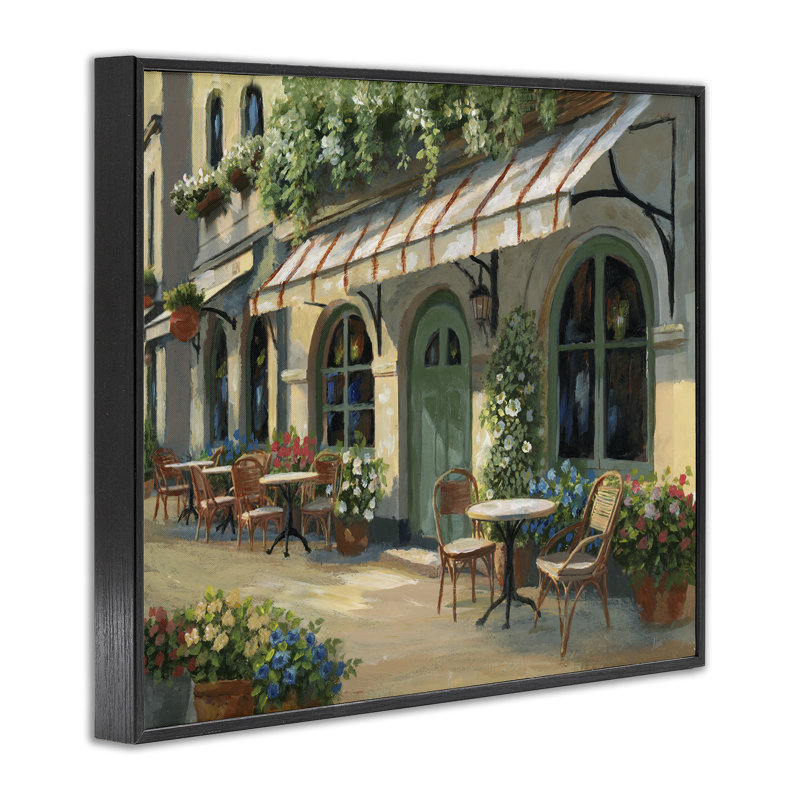 «Cozy Cafe Sunlit Patio», estampe numérique, design par Nan, H 11 po x l 14 po, Giclée noire de minuit encadrée