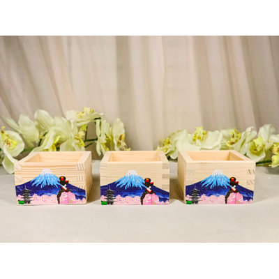 Set Of 3 Pink Sakura Mount Fuji Fujiyama Traditional Masu Square Box Sake Cups