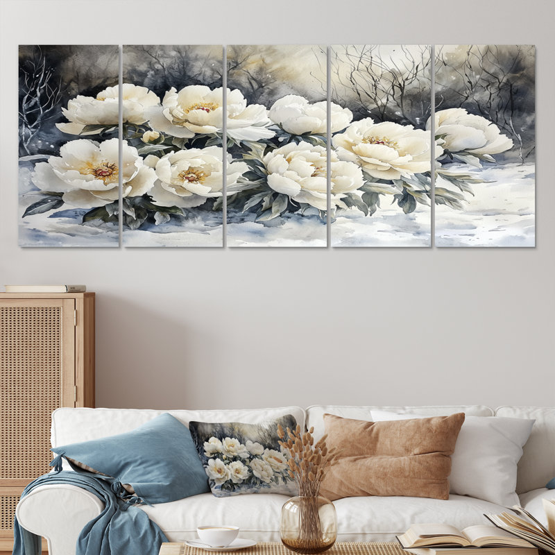 Neige pivoines dans la forêt I - pivoines, art mural - ensemble d'art mural traditionnel, H 32 po x l 80 po, 5