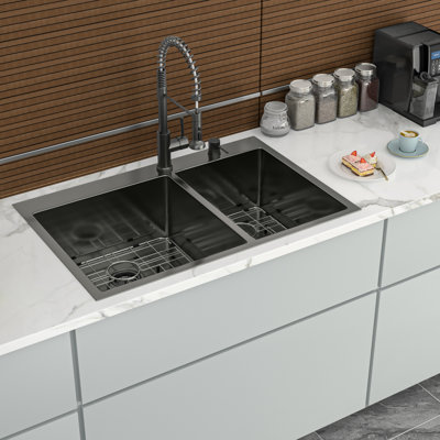 33"X22" Double Bowl Drop In Sink 16 Gauge Gunmetal Black, 60/40 Ratio, 10" Deep Basins, Hand - Built By Experts, Rear Drain, X Grooves For Easy Draining, Sound Reducing Lining, Condensation Coating,