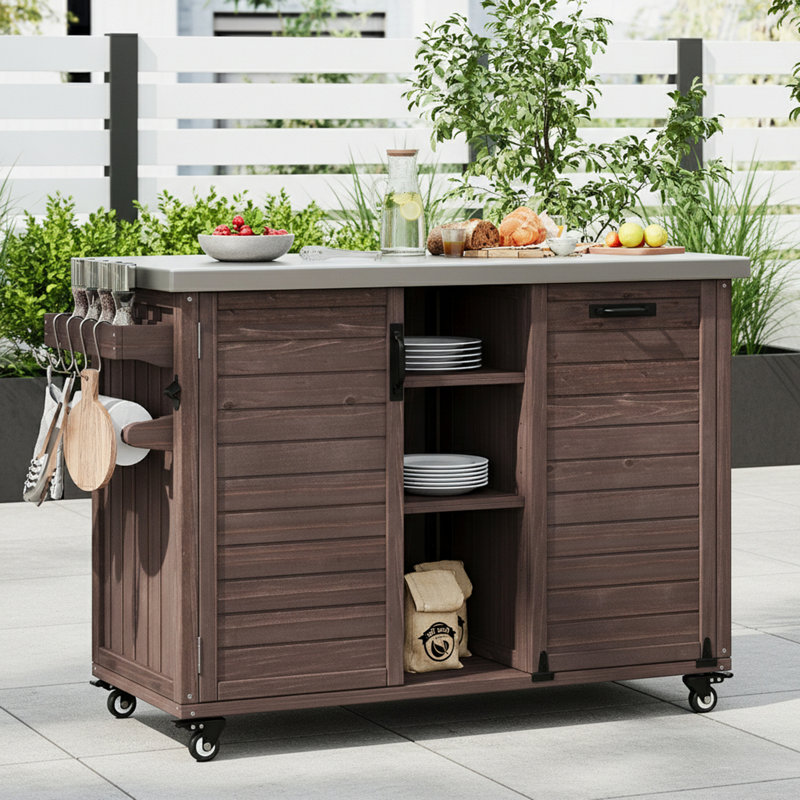 Stainless Steel Top Kitchen Island With Foldable Grill Table And Trash Can Storage, Dark Brown