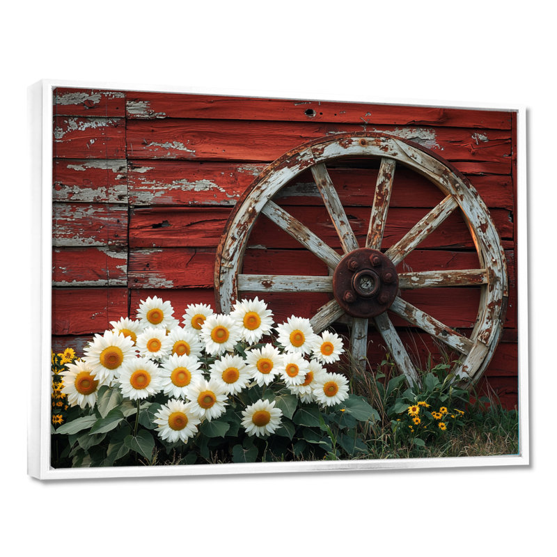Craighead Countryside Sunflowers By The Wagon Wheel - Art mural tournesols, H 34 po x l 44 po, Floater Framed, Blanc