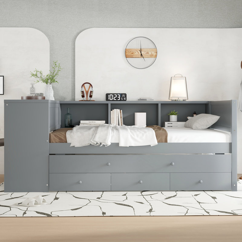 Premium Twin Size Daybed With Trundle – Solid Wood Daybed Frame Featuring Ample Storage Drawers And Side Shelves, Built-In Desk For Multifunctional Use, No Spring Box Needed, Gray