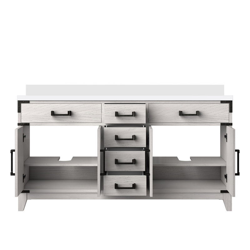 Grey Oak Double Bath Vanity 60 In. W X 22 In. D, With White Quartz Top, Gray