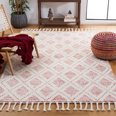 Bolog Hand Loomed Wool/Cotton Geometric Rug in Red/Ivory