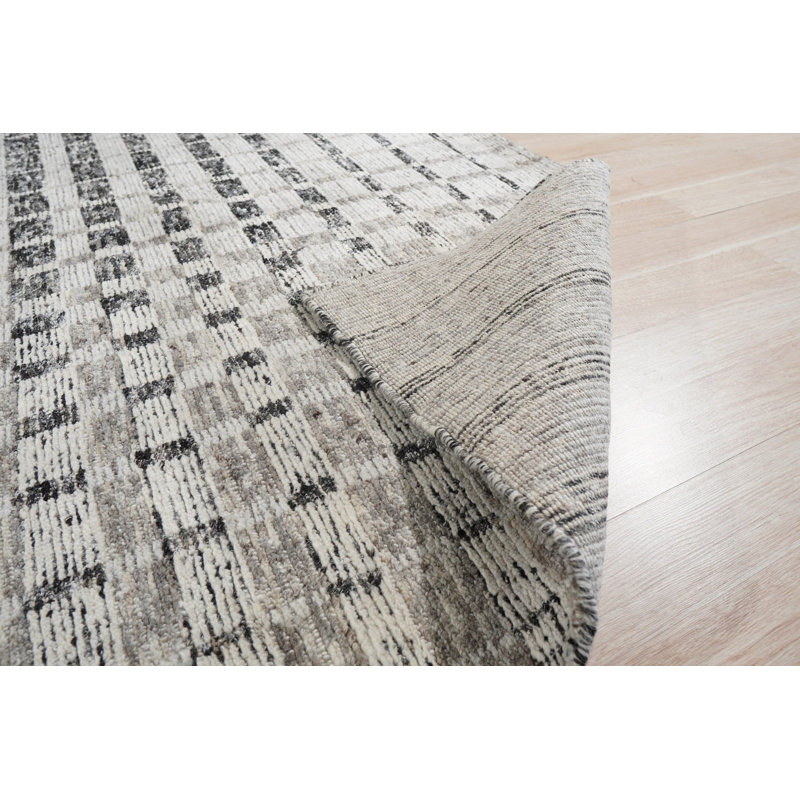 Gray Hand-Knotted Wool Fading Gridwork Geometric Modern Contemporary Carpet Rug, 8' x 10'