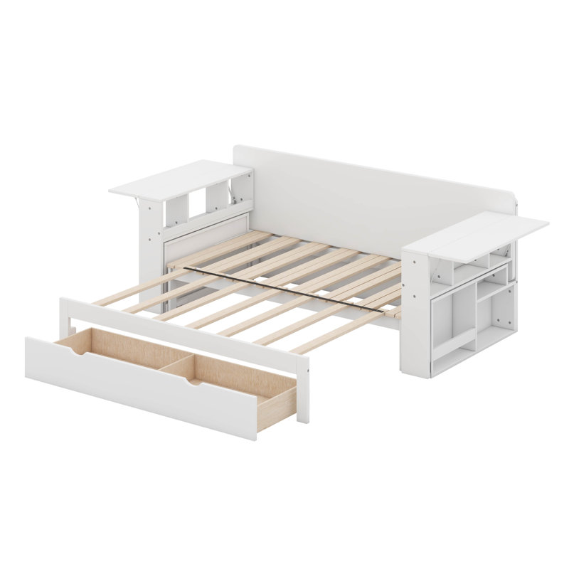 Lit de jour extensible avec bureau amovible et table d'appoint hydraulique, canapé multifonctionnel 4-en-1 Be, Double, Blanc