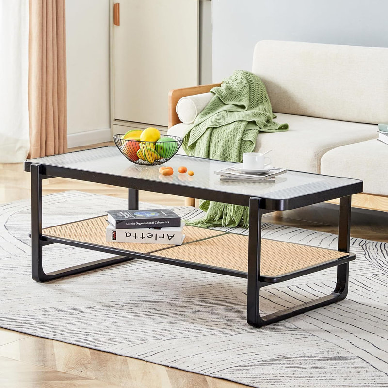 Table basse de style Mid-Century moderne avec plateau en verre nervuré et étagère de rangement en rotin de polyéthylène, table de bout rectangulaire en bois massif Boho pour salon, appartement et petits espaces