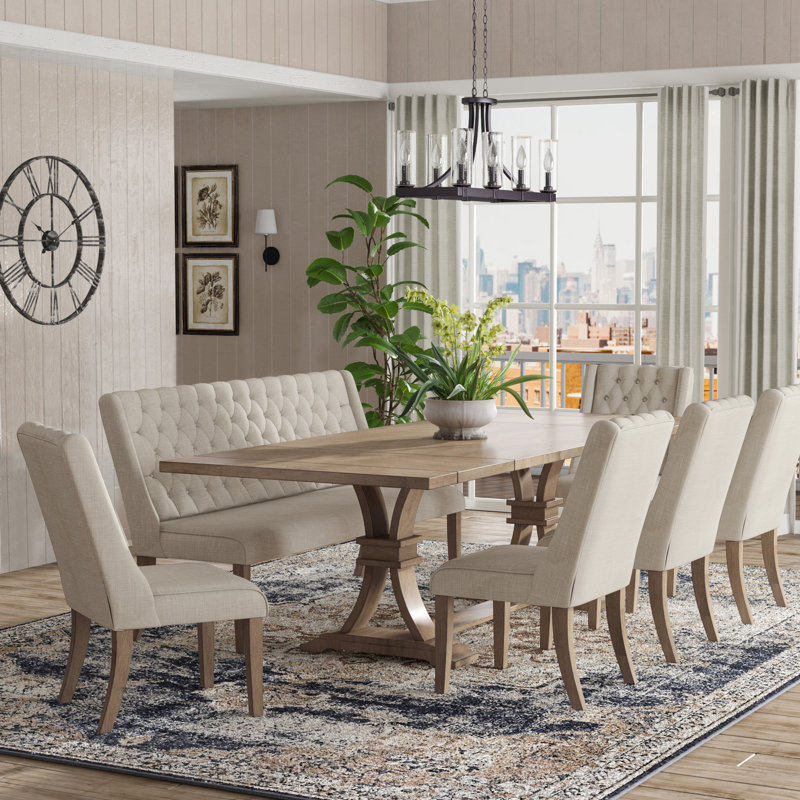 Ensemble de salle à manger extensible Dions avec sièges rembourrés en lin et capitonnage à boutons, Naturel rustique, Beige