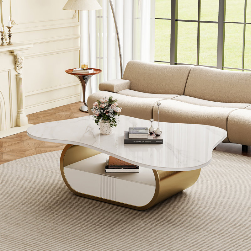 41.7" Gold Coffee Table With Abstract Shaped Design, Faux Marble Stainless Steel Base Coffee Table With Storage, Gold
