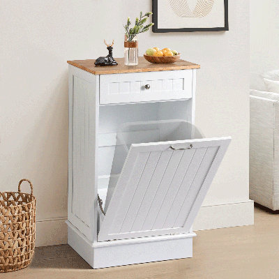 10 Gallons Tilt Out Trash Bin Cabinet， Wooden Garbage Can Cabinet For Kitchen And Laundry