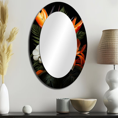 Birds Of Paradise Paradise I - Miroir décoratif floral ovale sur métal