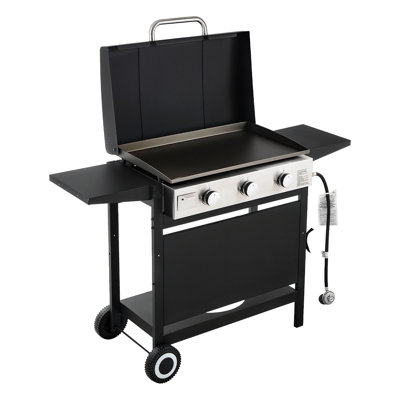Plaque chauffante au propane à 3 brûleurs avec roulettes, couvercle et allumage par impulsion, convient aux amateurs de cuisine en plein air, grandes fonctions, poêle à frire à surface plane, grillage de 26,97 po x 16,30 po,
