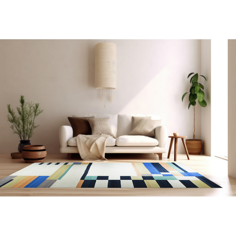 Dymon Multicolor Flatweave Wool Multicolored Modern Transitional Hand-Knotted Area Rug, Rectangle 9' x 12'