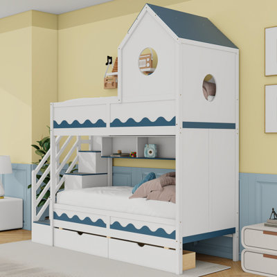 Twin Over Twin Wooden Bunk Bed with 2 Drawers and Shelves