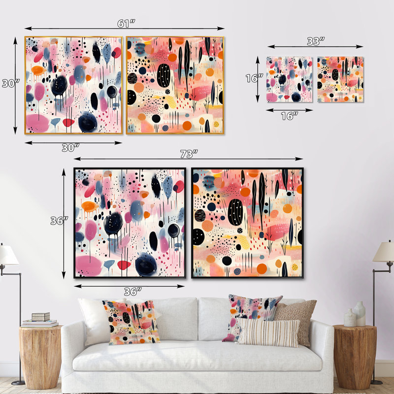 Jose Pink Strokes Harmony - Ensemble de 2 collages de formes abstraites carrées, H 30 po x l 61 po, Toile tendue