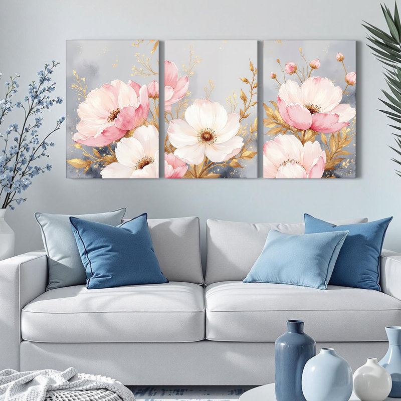 Tableau sur toile à motifs floraux rose poudré avec accents dorés (lot de 3), H 18 po x l 36 po