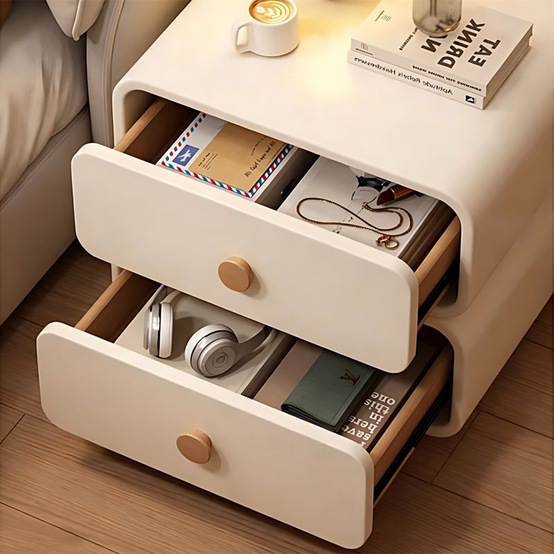 Table de chevet moderne en bois avec 2 tiroirs coulissants, design minimaliste avec détails en microfibre, petite table de chevet pour la chambre à coucher