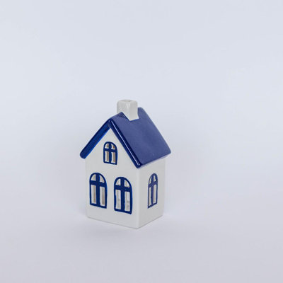 White With Blue Accents House Shaped Tealight Candle Holder