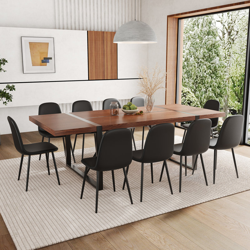 Ensemble de table de salle à manger en bois 87 po avec chaise rembourrée en cuir PU, 11 pièces: table, 10 chaises, Noir