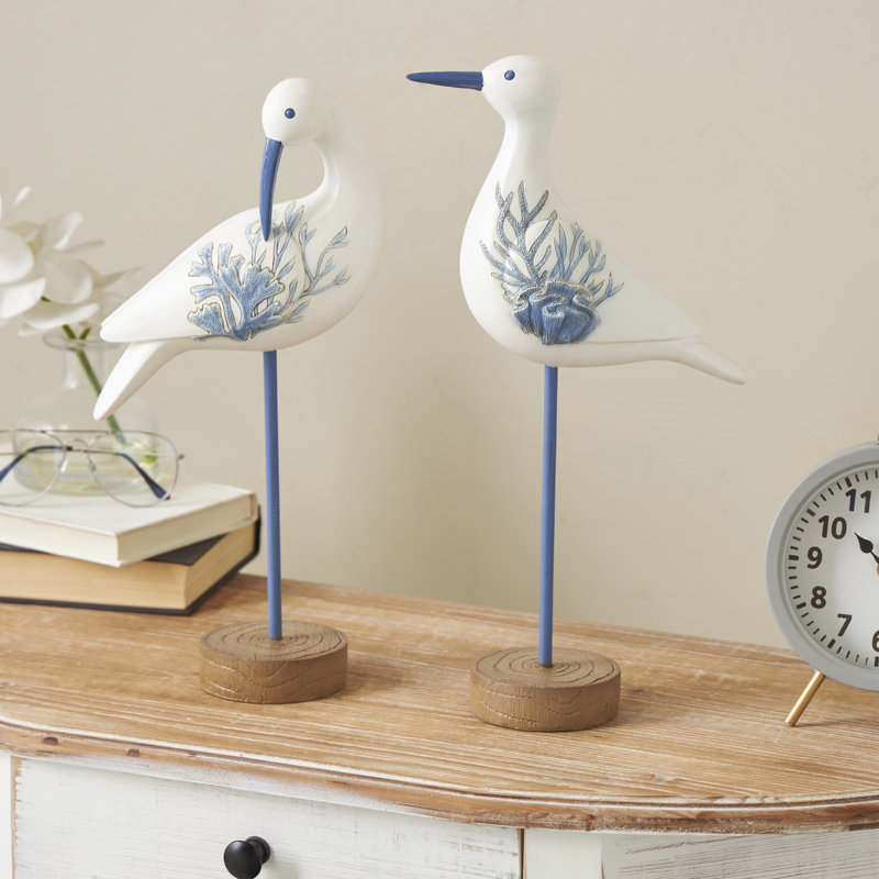 Sculpture d'oiseau en polystone Cole et gris avec motifs de corail bleu et bases en bois