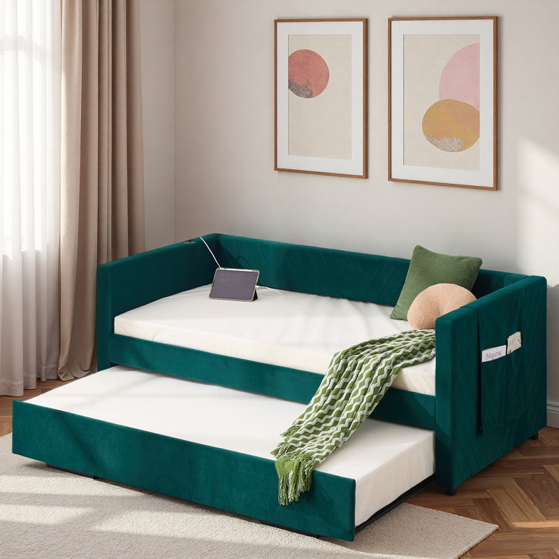 Upholstered Daybed With Trundle, Usb Port And Side Pockets, Emerald