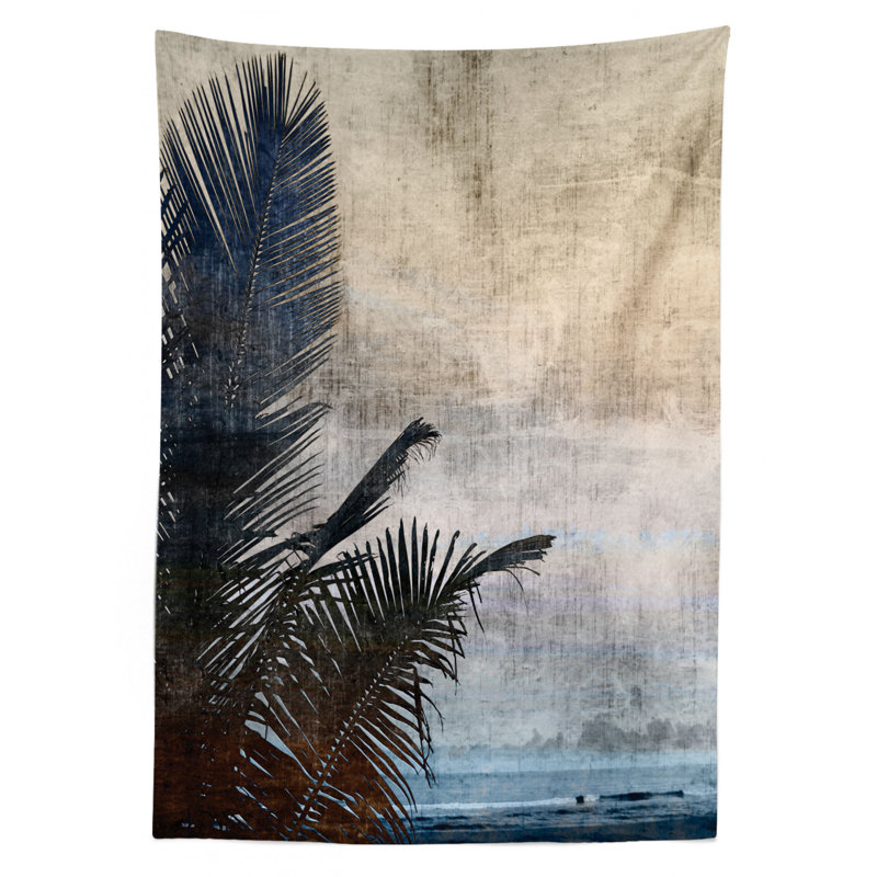 Ambesonne Hawaiian Tablecloth, Palm Tree Leaves On Grunge Background With Sea Vintage Waterscape Illustration, Rectangular Table Cover For Dining Room Kitchen Decor, 52" X 70", Beige Navy