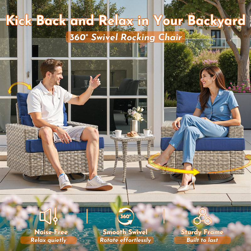 Wicker 7-Person Modular Outdoor Sectional Seating Group With Swivel Chairs And Cushions, Patio Conversation Set With Lighted Coffee Table